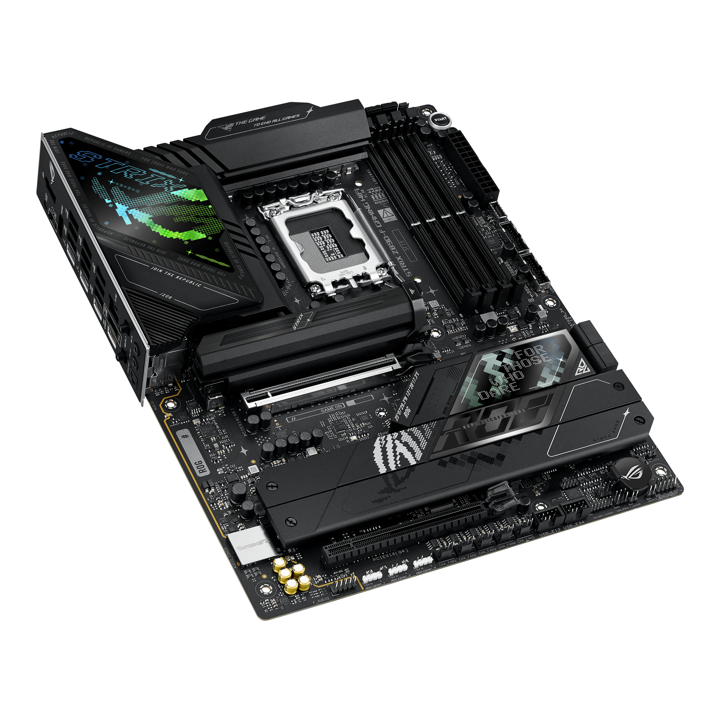 A large main feature product image of ASUS ROG Strix Z890-F Gaming WiFi  LGA1851 ATX Desktop Motherboard