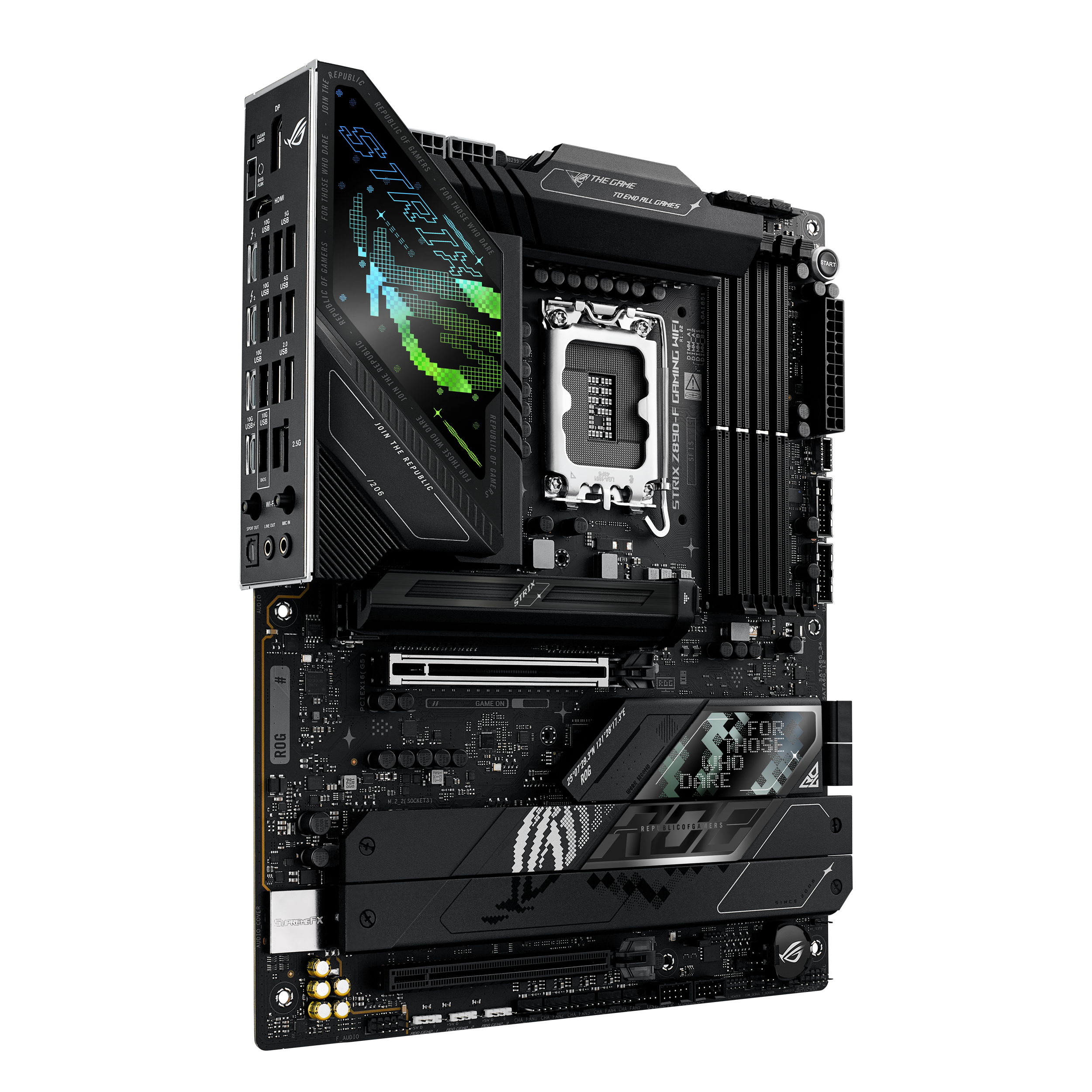 A large main feature product image of ASUS ROG Strix Z890-F Gaming WiFi  LGA1851 ATX Desktop Motherboard