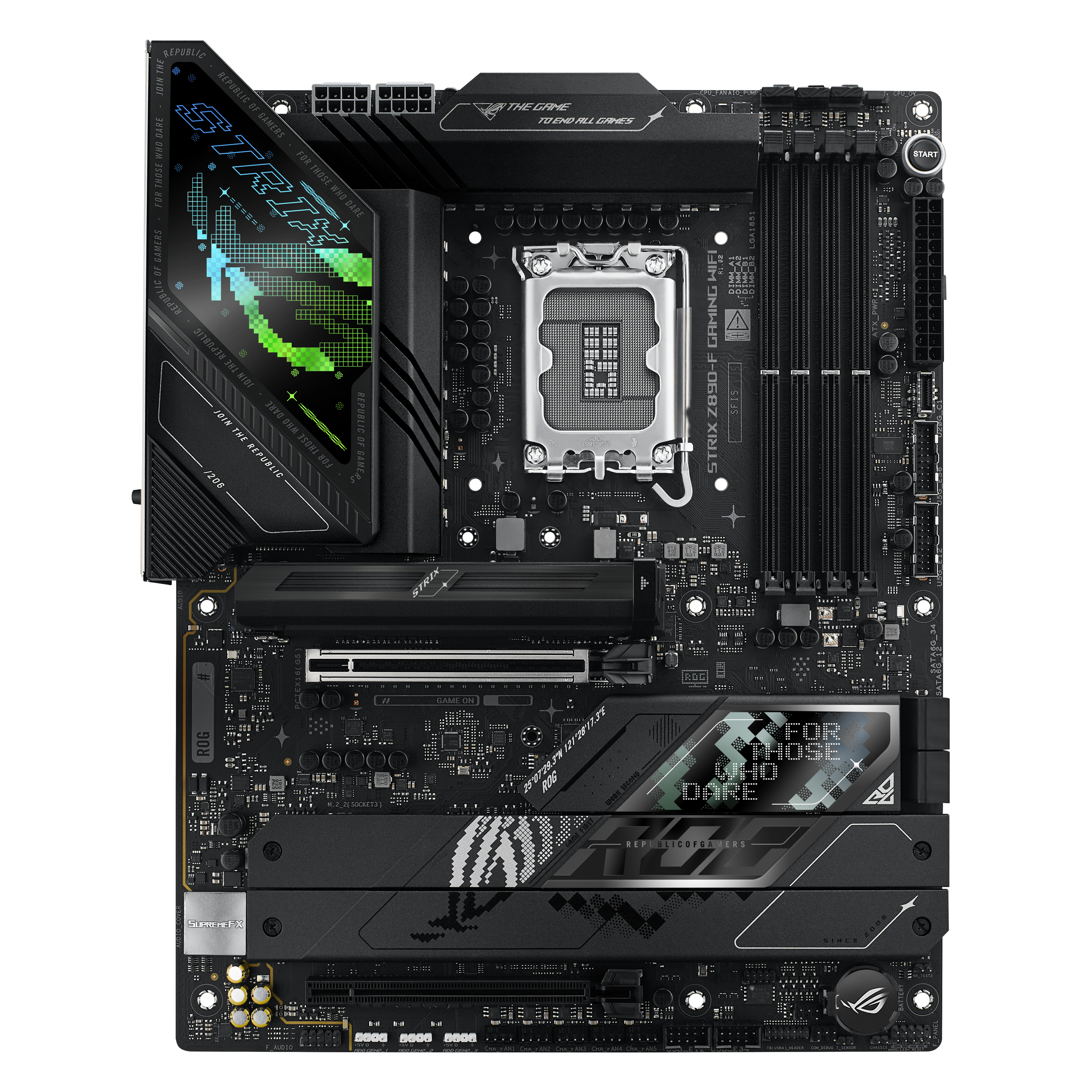 A large main feature product image of ASUS ROG Strix Z890-F Gaming WiFi  LGA1851 ATX Desktop Motherboard