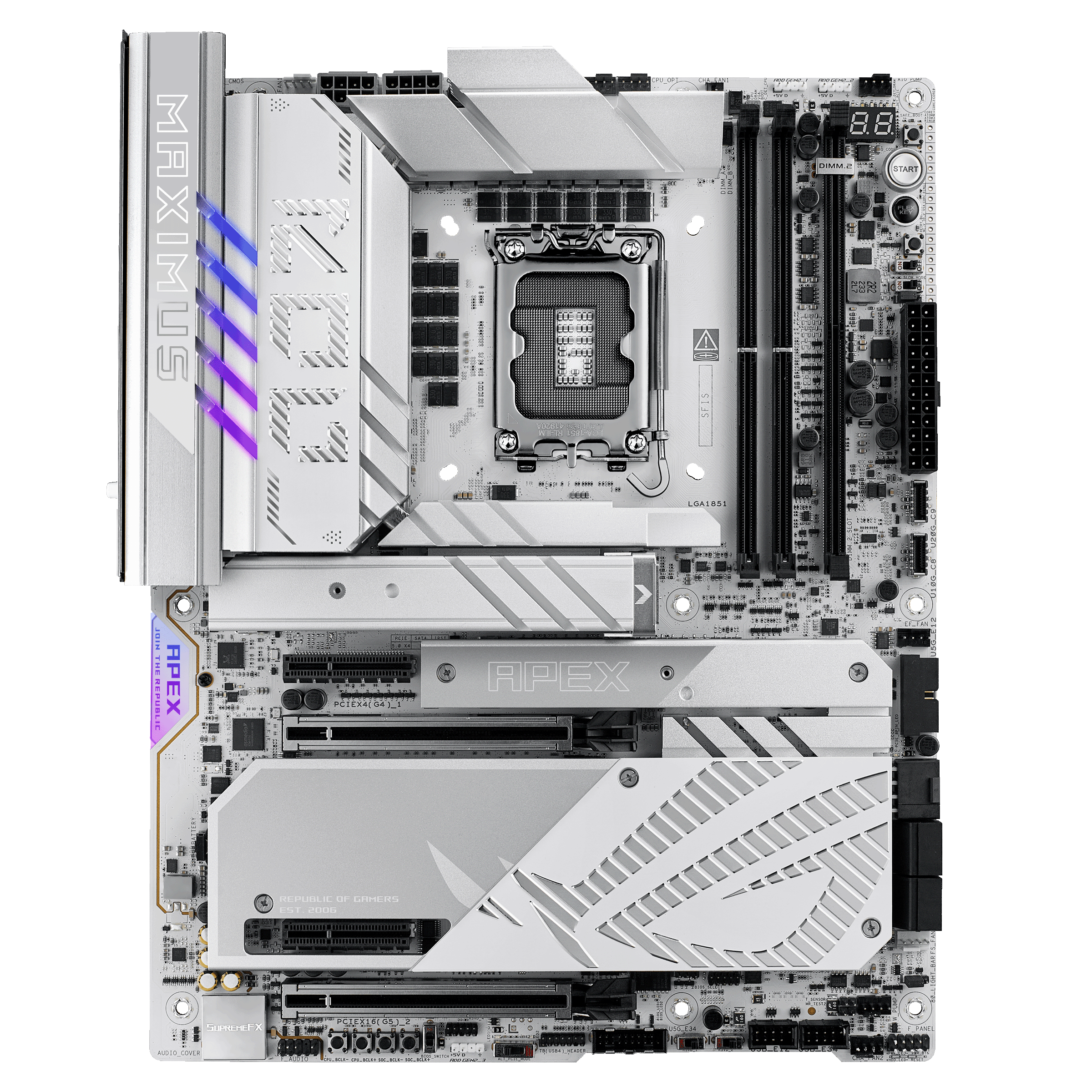 A large main feature product image of ASUS ROG Maximus Z890 Apex LGA1851 ATX Desktop Motherboard