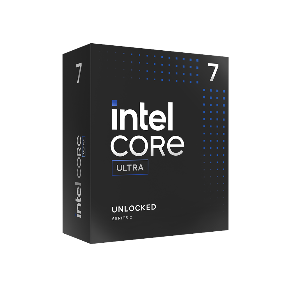 A large main feature product image of Intel Core Ultra 7 265K Arrow Lake 20 Core 20 Thread Up To 5.5GHz LGA1851 - No HSF Retail Box