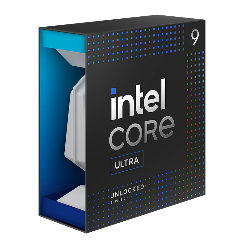 A large main feature product image of Intel Core Ultra 9 285K Arrow Lake 24 Core 24 Thread Up To 5.7GHz LGA1851 - No HSF Retail Box