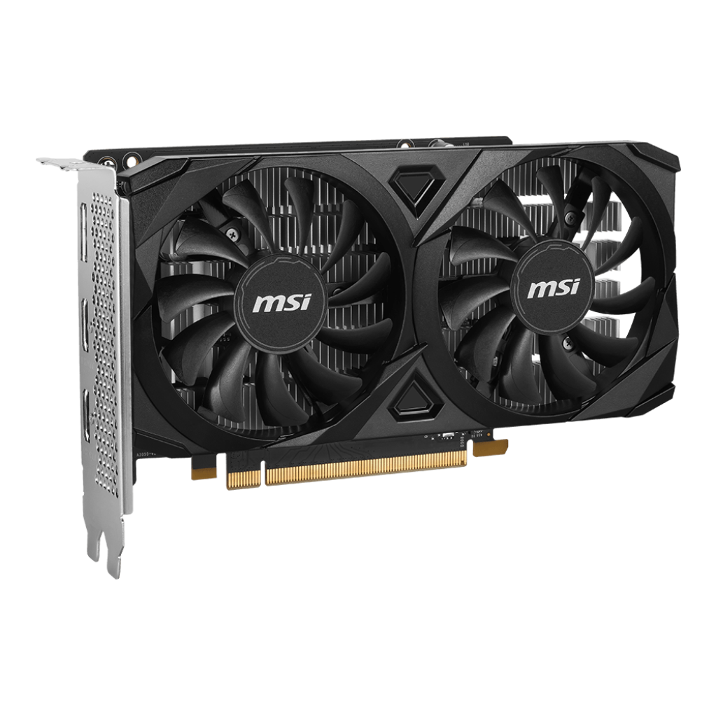 A large main feature product image of MSI GeForce RTX 3050 Ventus 2X E OC 6GB GDDR6