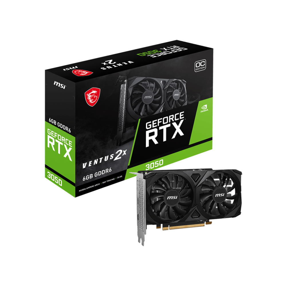 A large main feature product image of MSI GeForce RTX 3050 Ventus 2X E OC 6GB GDDR6
