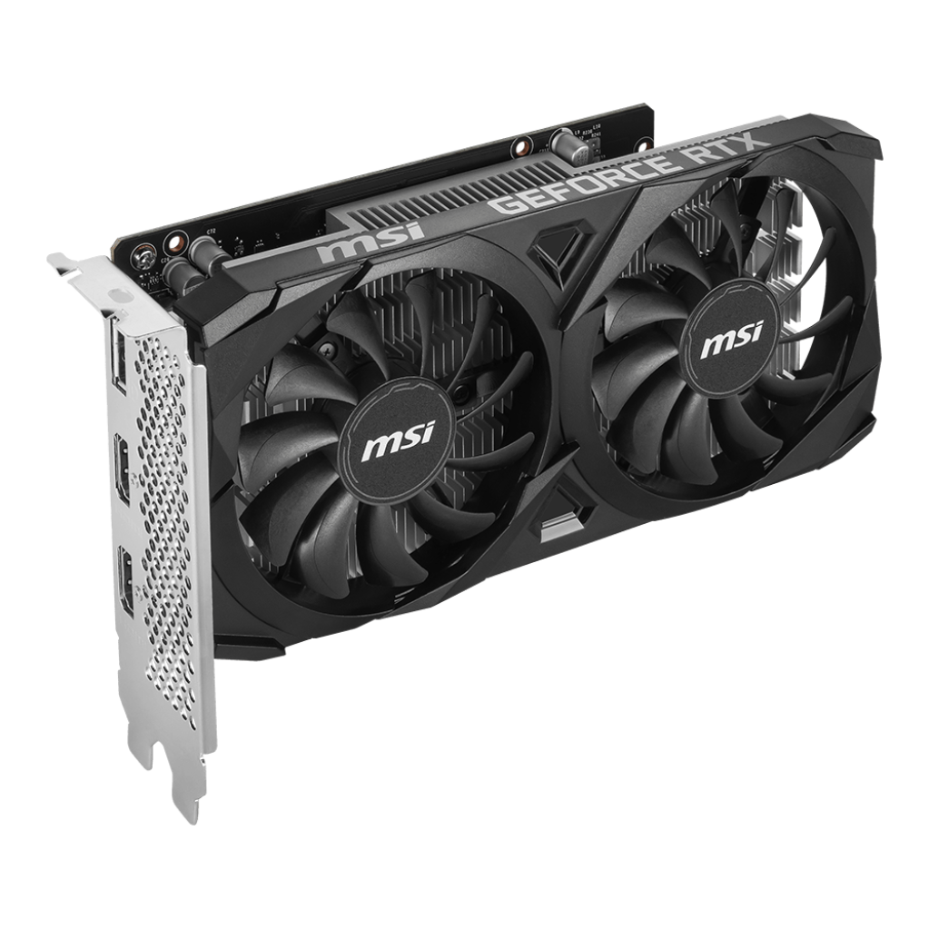 A large main feature product image of MSI GeForce RTX 3050 Ventus 2X E OC 6GB GDDR6