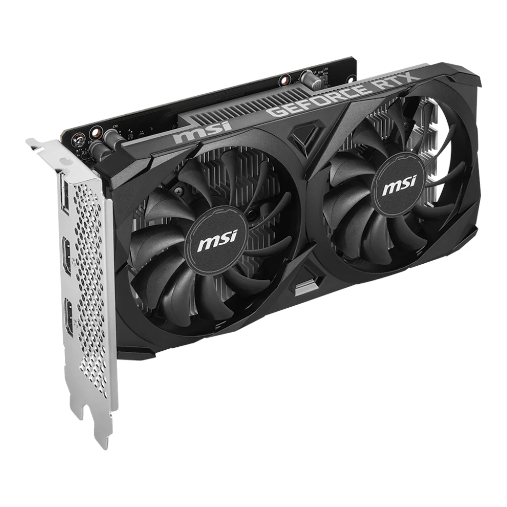 A large main feature product image of MSI GeForce RTX 3050 Ventus 2X E OC 6GB GDDR6