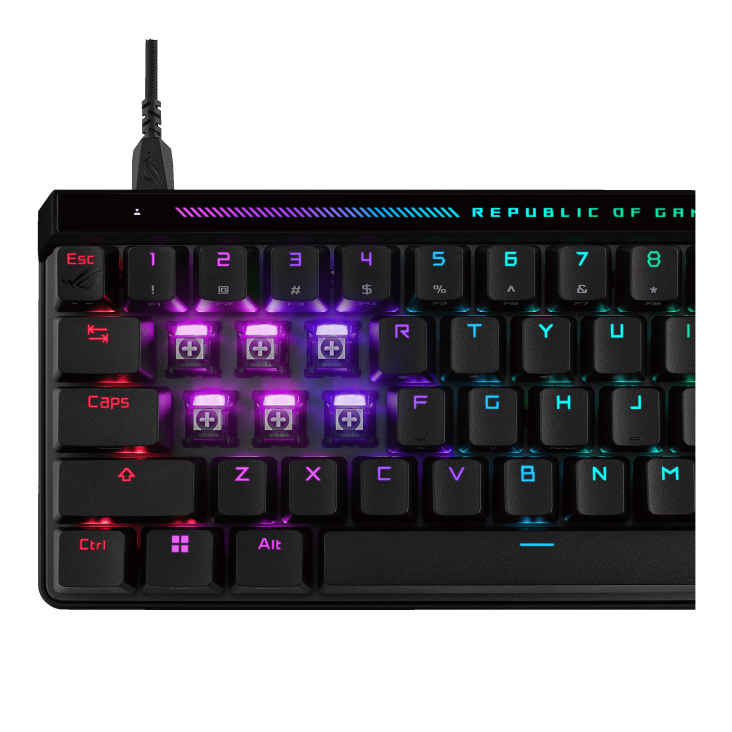 A large main feature product image of ASUS ROG Falchion Ace HFX 65% Analogue Gaming Keyboard - ROG HFX Switch