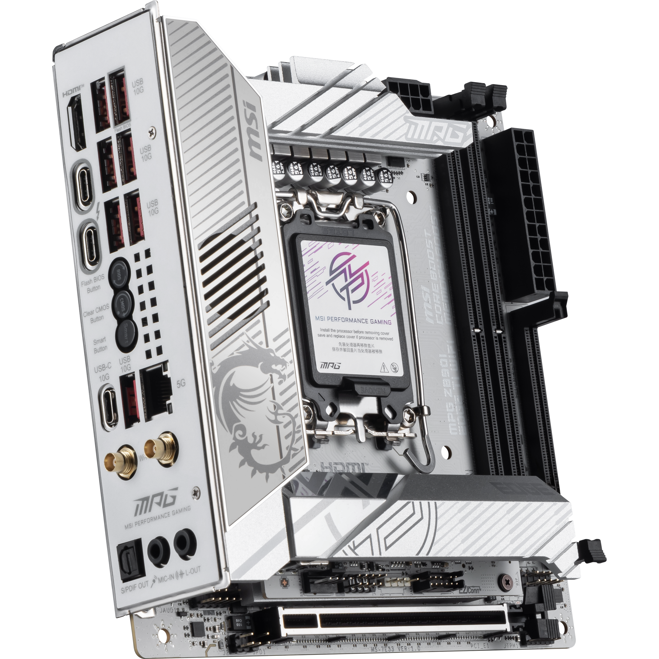 A large main feature product image of MSI MPG Z890I Edge TI WiFi LGA1851 Mini-ITX Desktop Motherboard