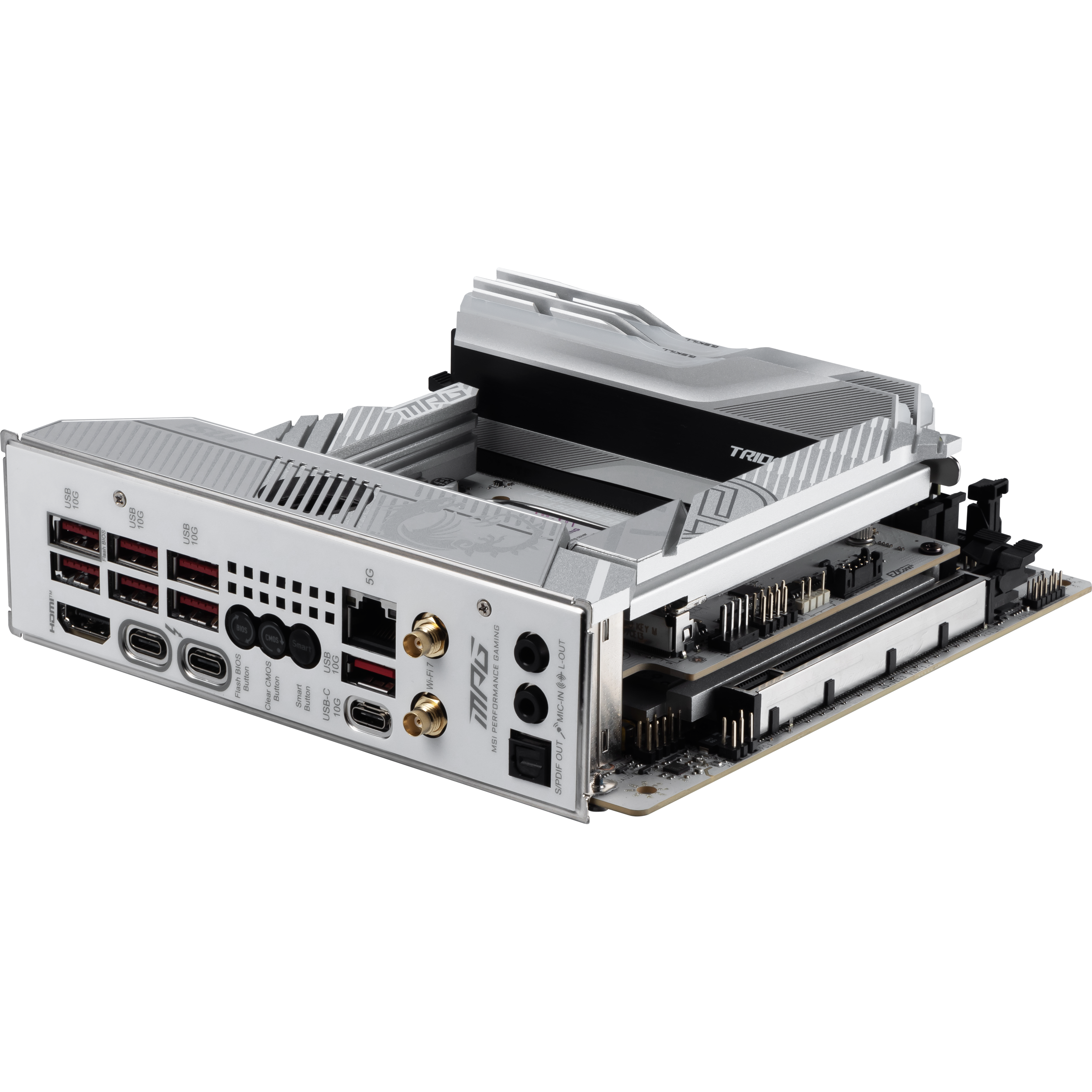 A large main feature product image of MSI MPG Z890I Edge TI WiFi LGA1851 Mini-ITX Desktop Motherboard