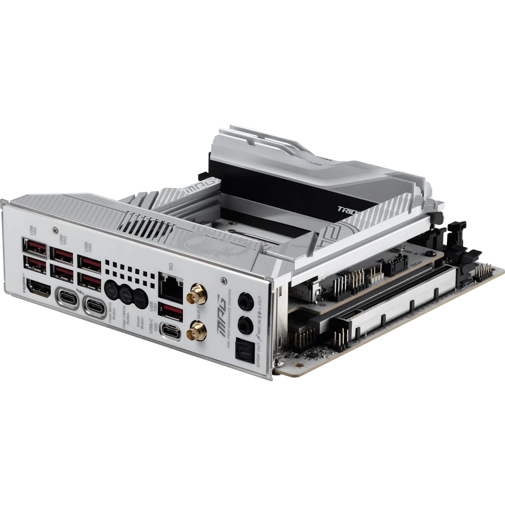 A large main feature product image of MSI MPG Z890I Edge TI WiFi LGA1851 Mini-ITX Desktop Motherboard