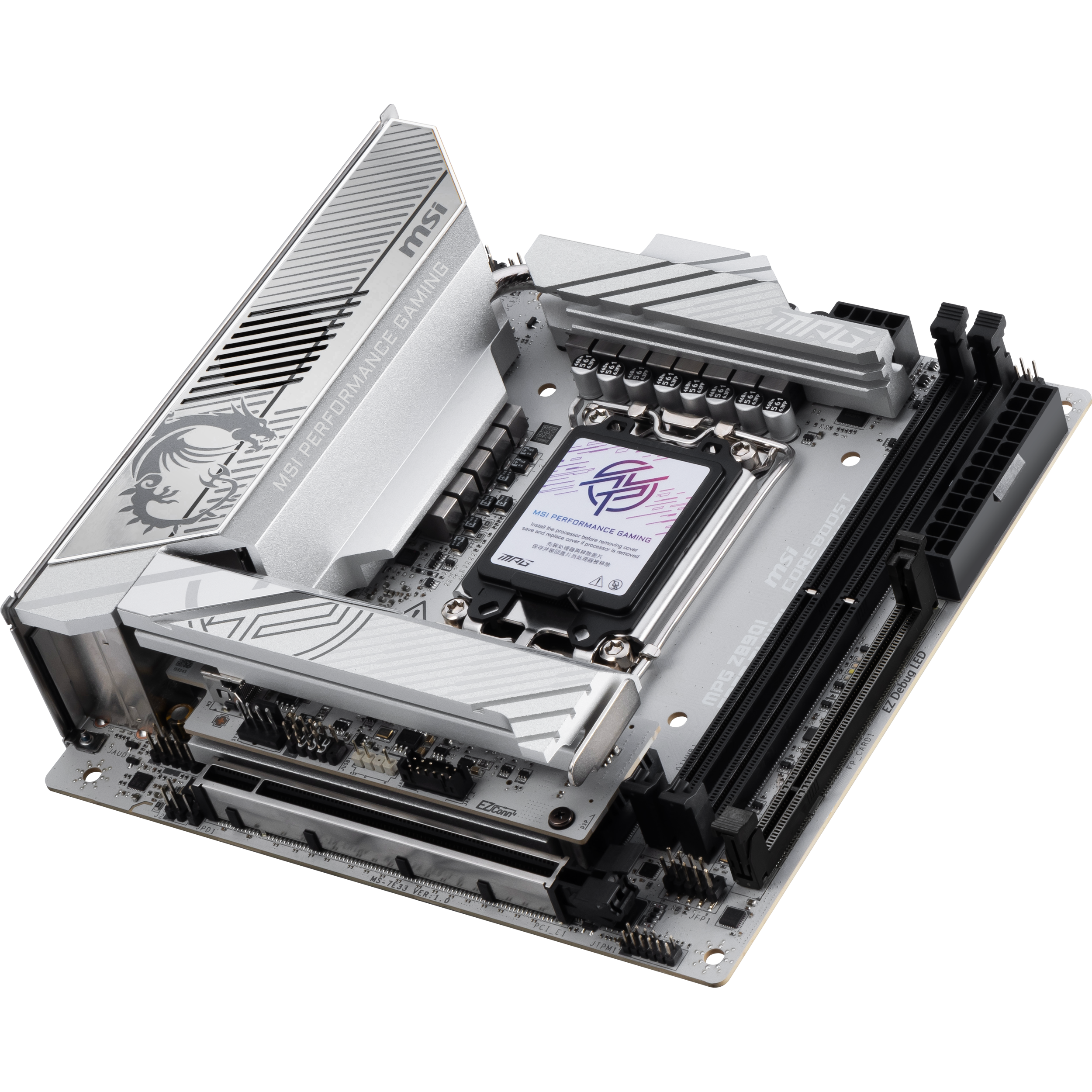 A large main feature product image of MSI MPG Z890I Edge TI WiFi LGA1851 Mini-ITX Desktop Motherboard
