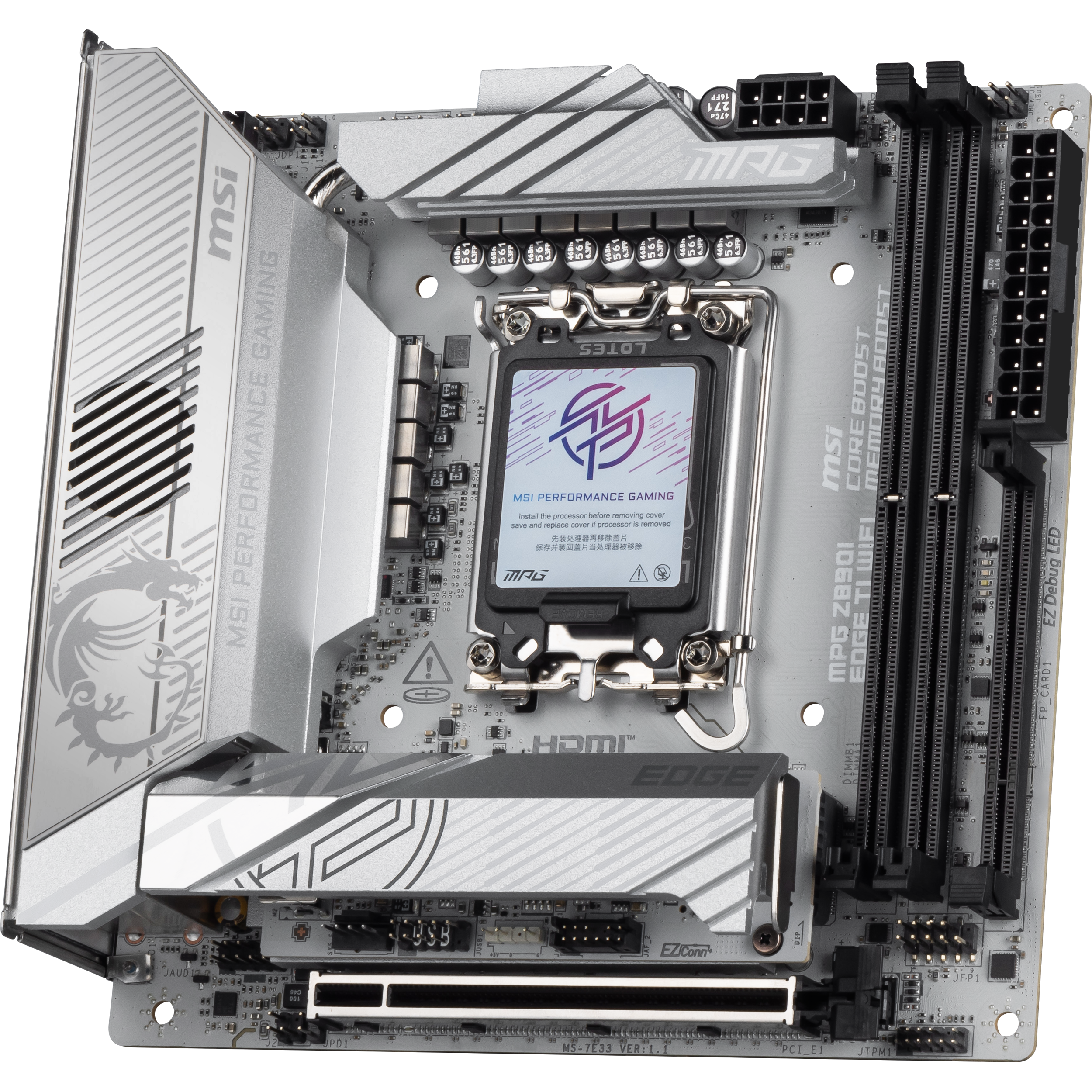 A large main feature product image of MSI MPG Z890I Edge TI WiFi LGA1851 Mini-ITX Desktop Motherboard