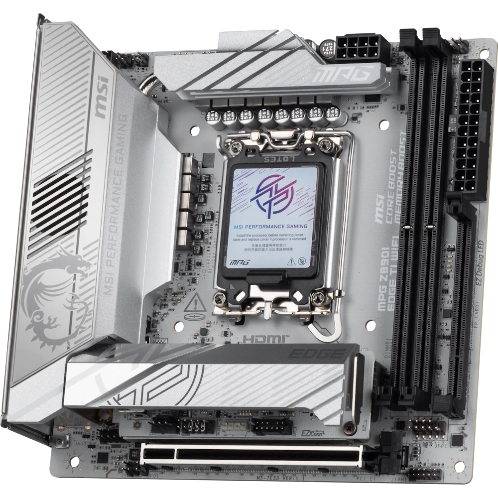 A large main feature product image of MSI MPG Z890I Edge TI WiFi LGA1851 Mini-ITX Desktop Motherboard