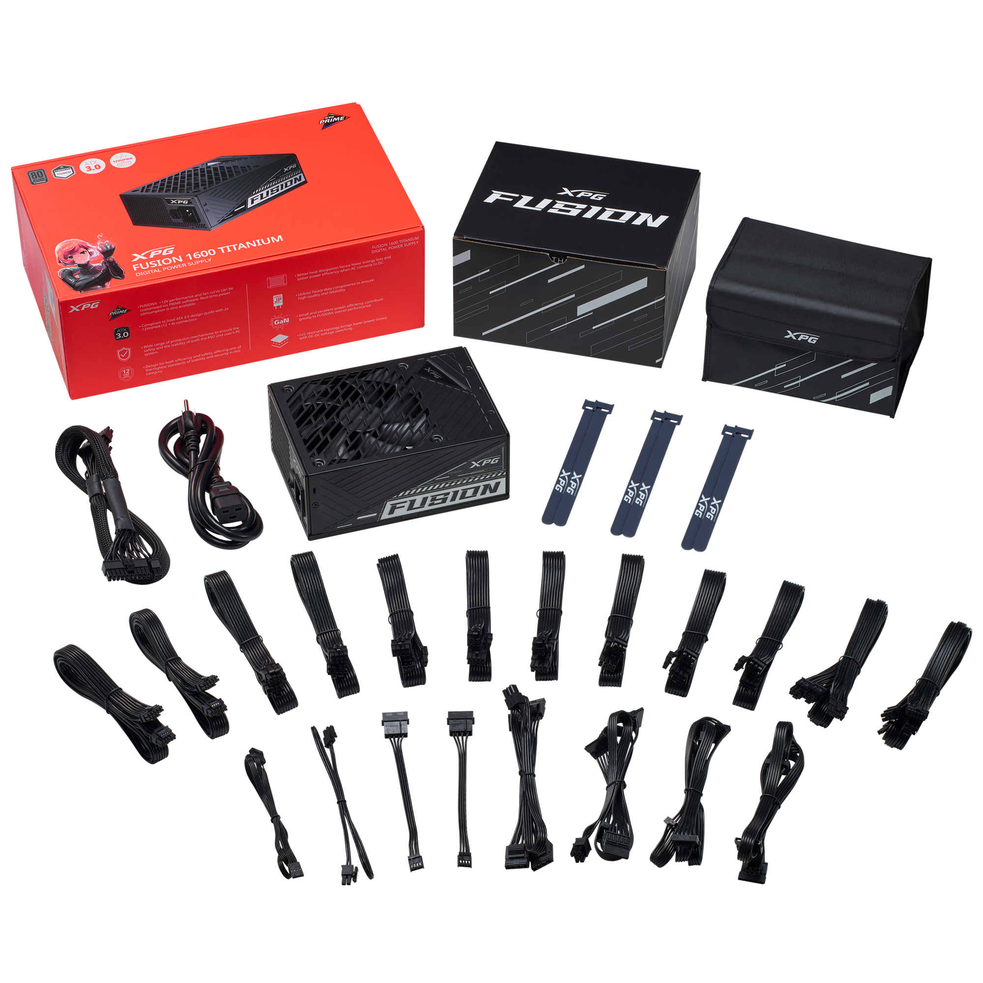 A large main feature product image of ADATA XPG Fusion 1600W Titanium PCIe 5.0 ATX 3.0 Modular PSU