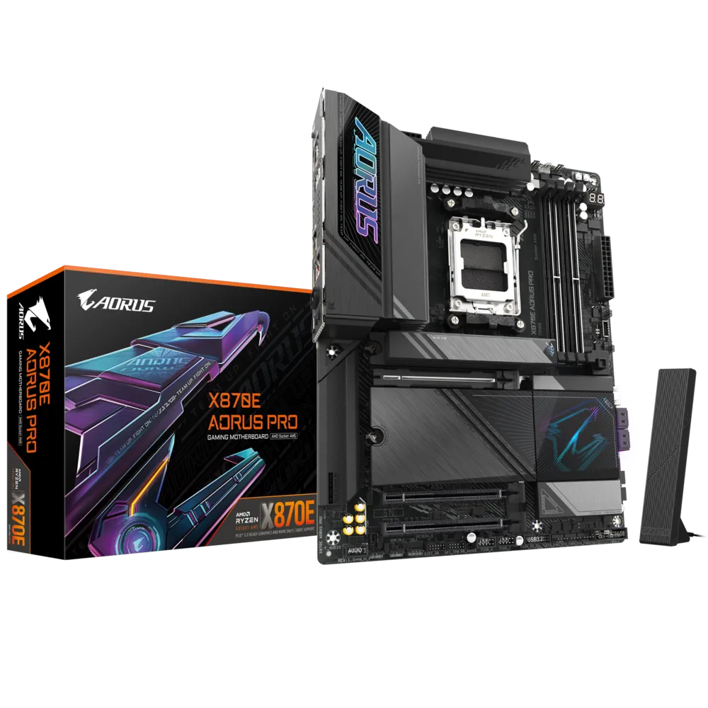 A large main feature product image of Gigabyte X870E AORUS PRO AM5 ATX Desktop Motherboard