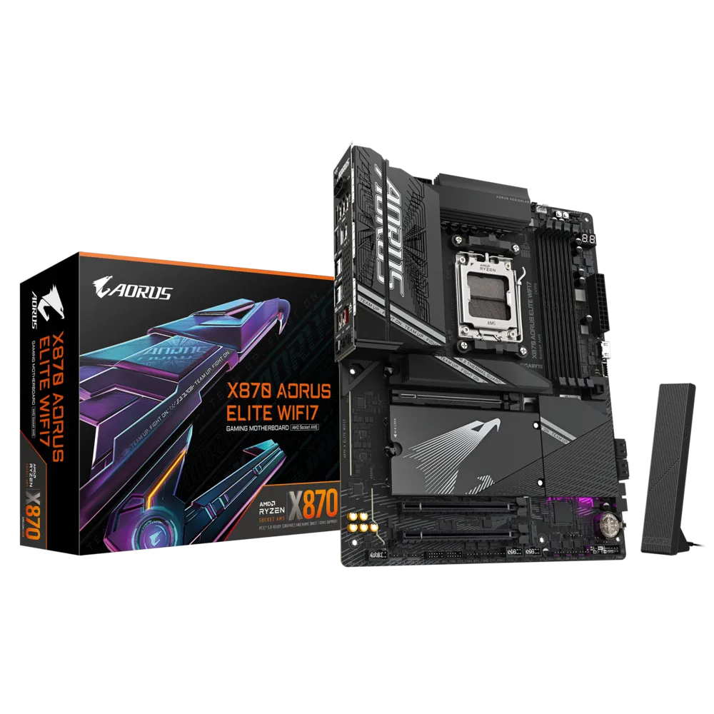 A large main feature product image of Gigabyte X870 Elite WiFi7 AM5 ATX Desktop Motherboard