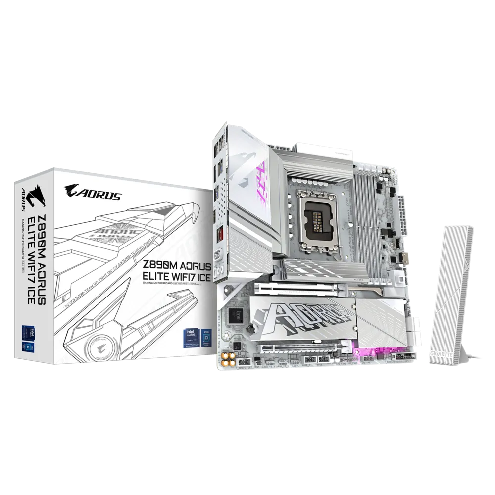 A large main feature product image of Gigabyte Z890M AORUS ELITE WIFI7 ICE LGA1851 mATX Desktop Motherboard