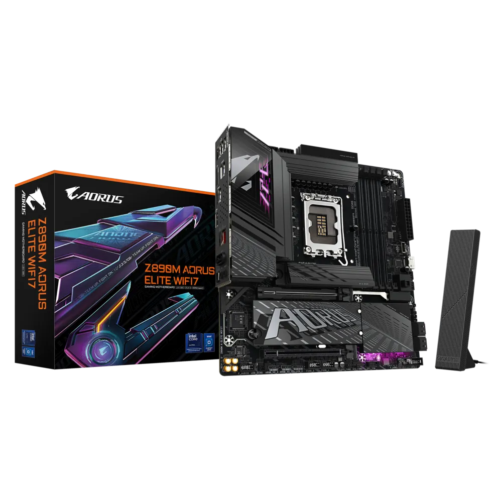 A large main feature product image of Gigabyte Z890M AORUS ELITE WIFI7 LGA1851 mATX Desktop Motherboard