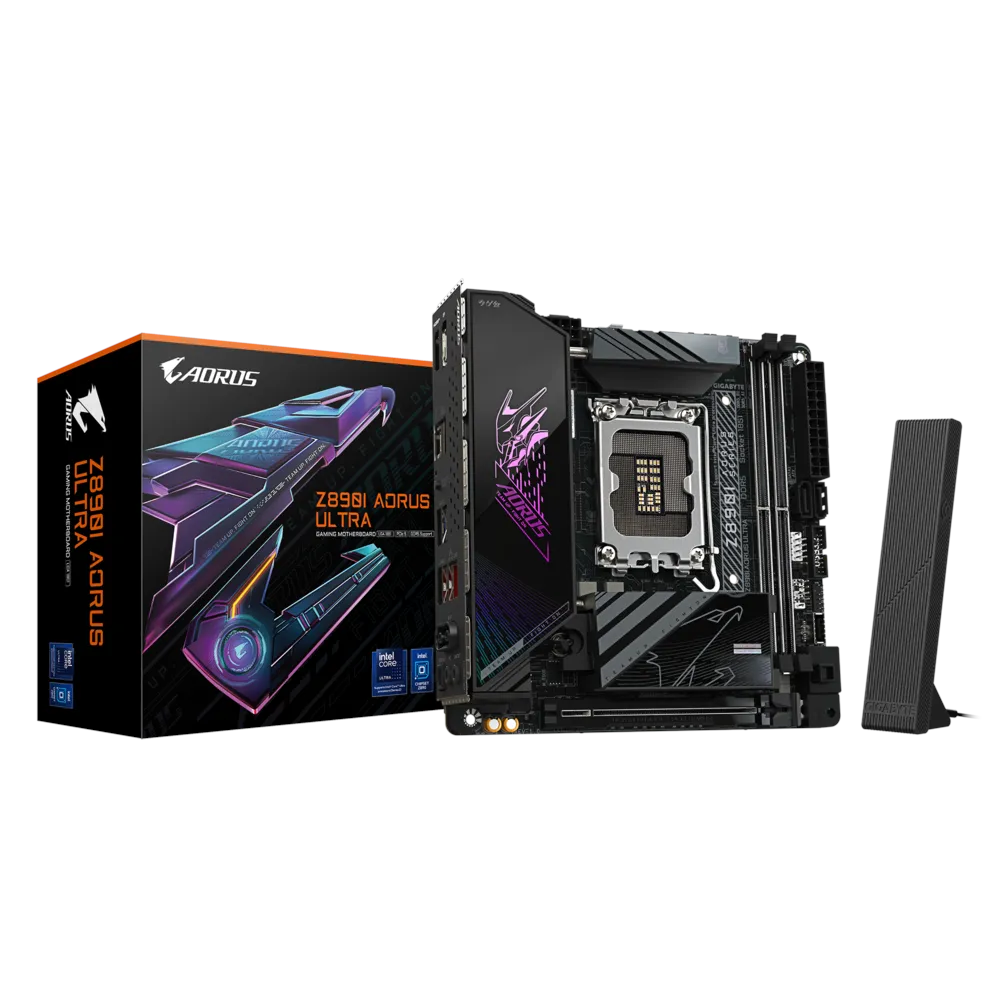 A large main feature product image of Gigabyte Z890I AORUS ULTRA LGA1851 Mini-ITX Desktop Motherboard