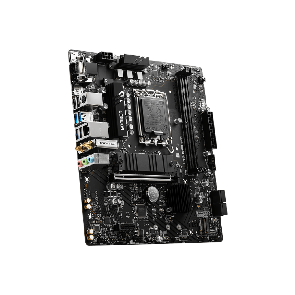 A large main feature product image of MSI B760M BOMBER WIFI LGA1700 mATX Desktop Motherboard