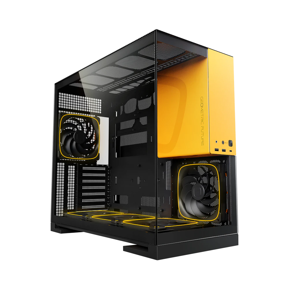 A large main feature product image of Geometric Future Model 5 - Mid Tower Glass Case (Black/Yellow)