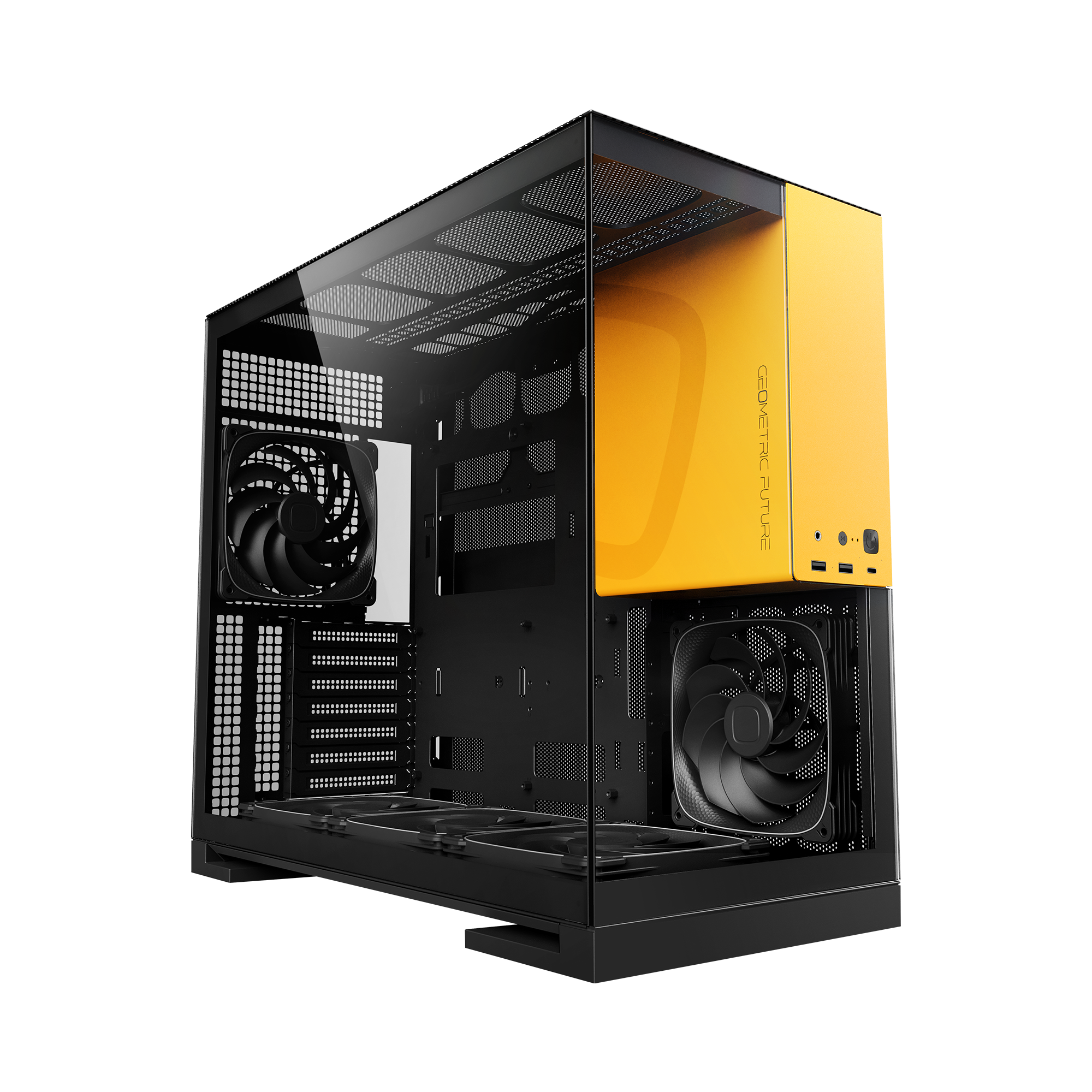 A large main feature product image of Geometric Future Model 5 w/ Fans - Mid Tower Glass Case (Black/Yellow)