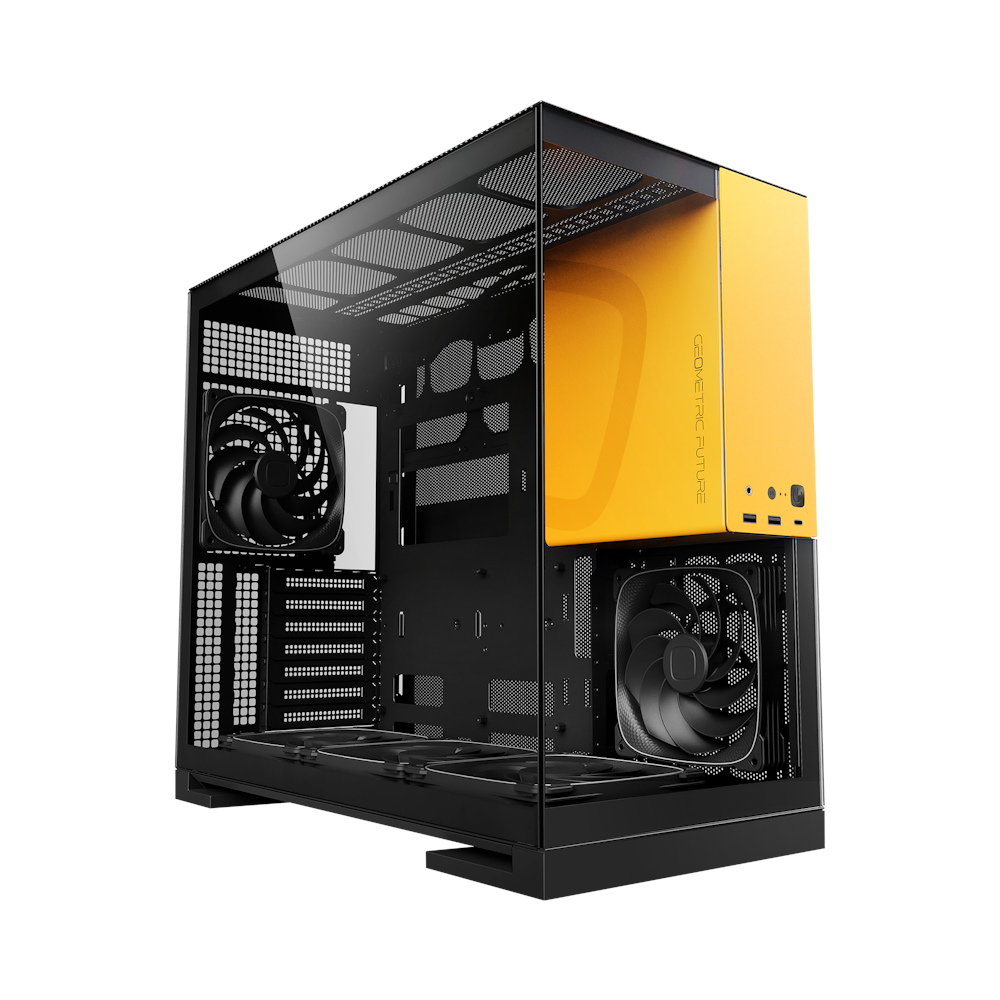 A large main feature product image of Geometric Future Model 5 w/ Fans - Mid Tower Glass Case (Black/Yellow)