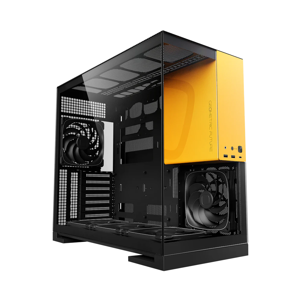 A large main feature product image of Geometric Future Model 5 - Mid Tower Glass Case (Black/Yellow)