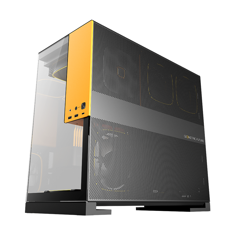 A large main feature product image of Geometric Future Model 5 w/ Fans - Mid Tower Glass Case (Black/Yellow)