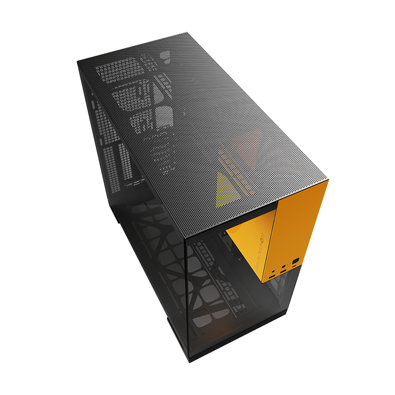 A large main feature product image of Geometric Future Model 5 w/ Fans - Mid Tower Glass Case (Black/Yellow)