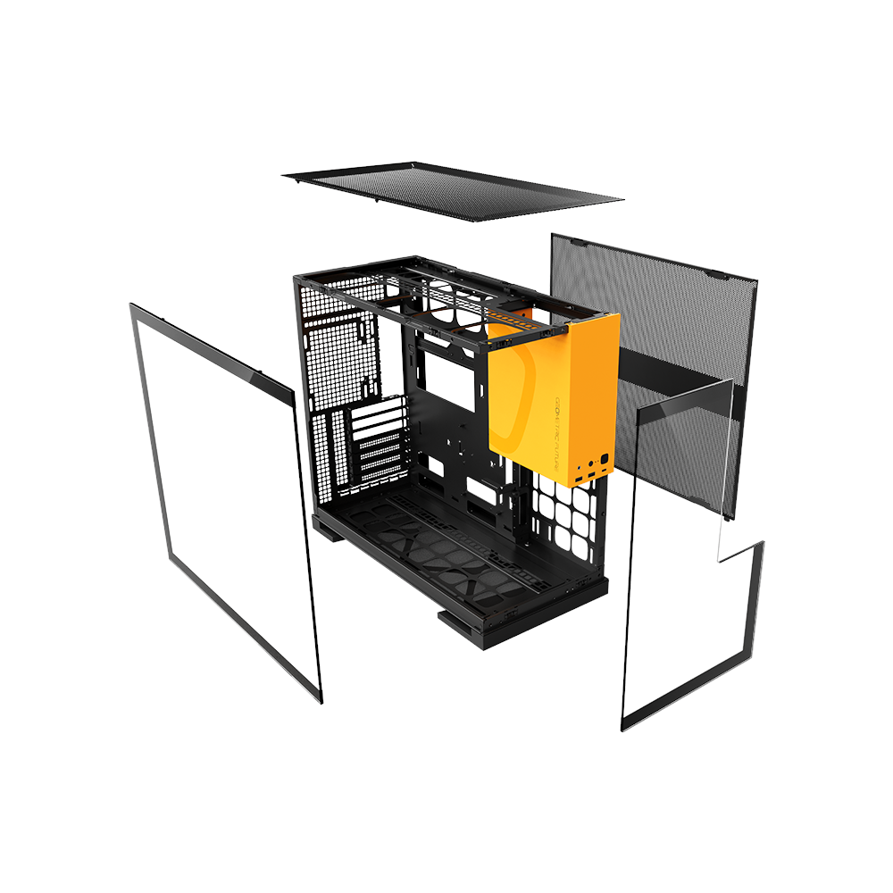 A large main feature product image of Geometric Future Model 5 w/ Fans - Mid Tower Glass Case (Black/Yellow)