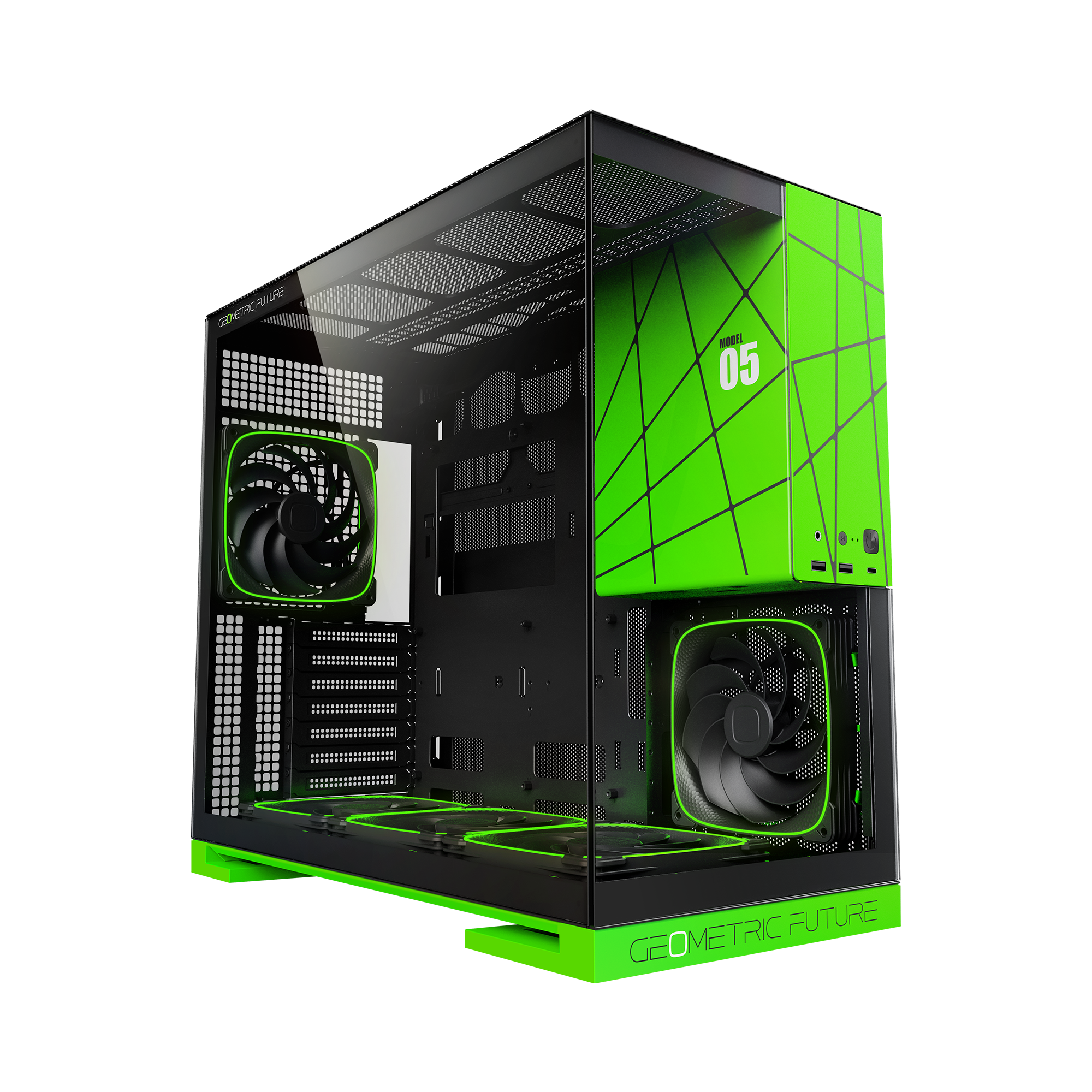A large main feature product image of Geometric Future Model 5 w/ Fans - Mid Tower Glass Case (Black/Green)
