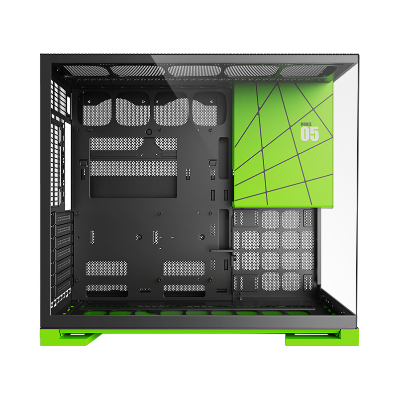 A large main feature product image of Geometric Future Model 5 w/ Fans - Mid Tower Glass Case (Black/Green)