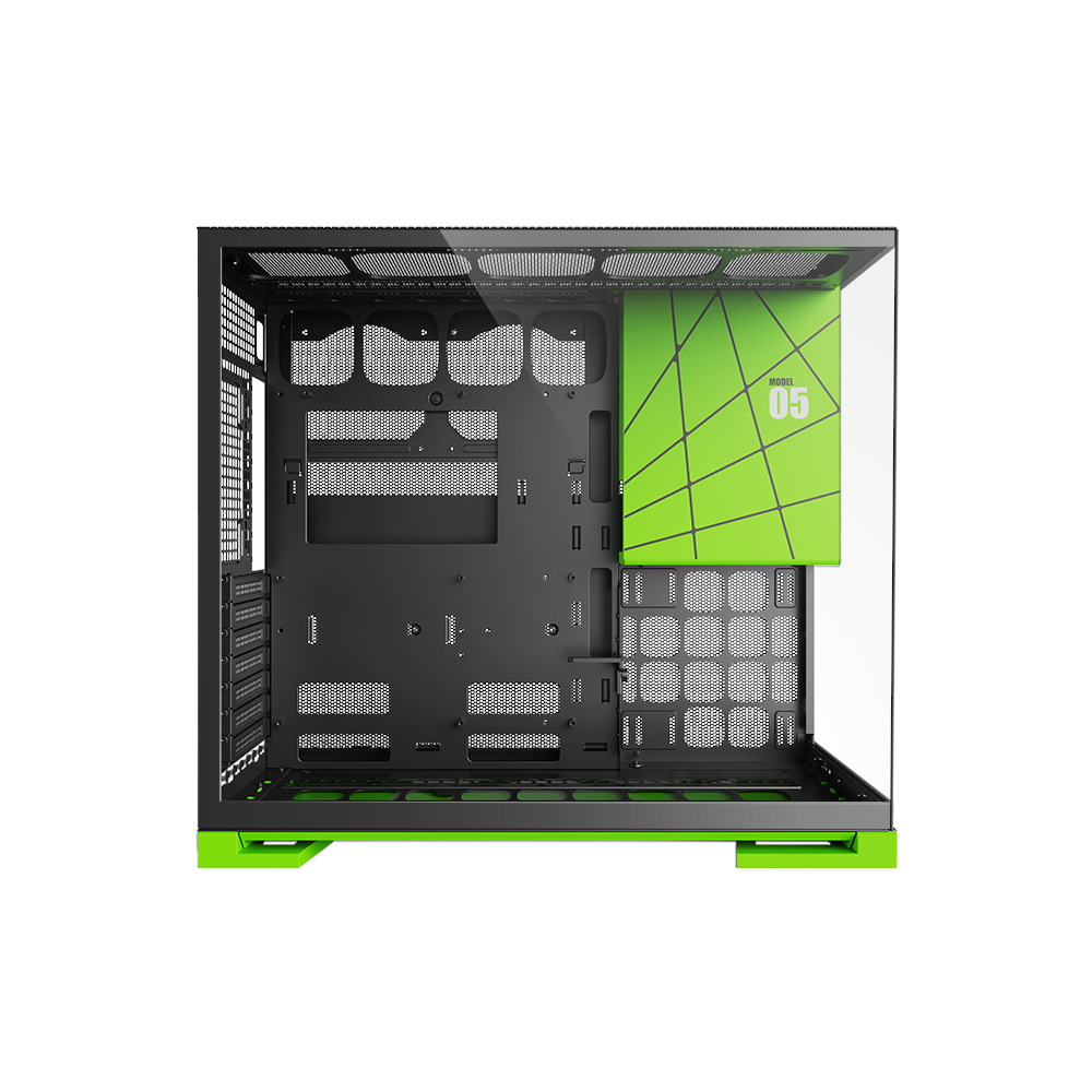 A large main feature product image of Geometric Future Model 5 w/ Fans - Mid Tower Glass Case (Black/Green)