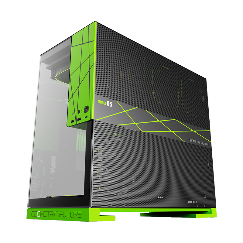 A large main feature product image of Geometric Future Model 5 w/ Fans - Mid Tower Glass Case (Black/Green)