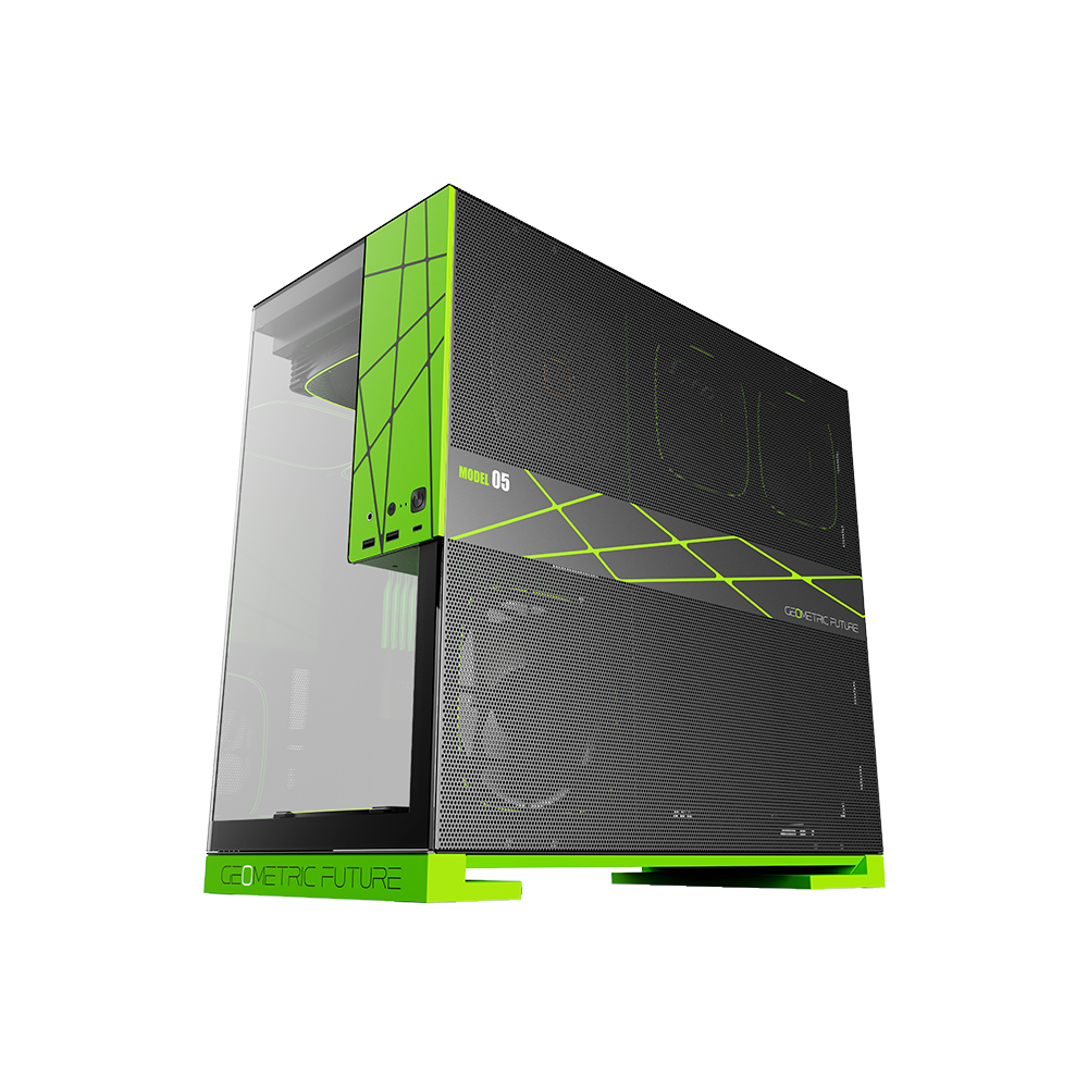 A large main feature product image of Geometric Future Model 5 w/ Fans - Mid Tower Glass Case (Black/Green)