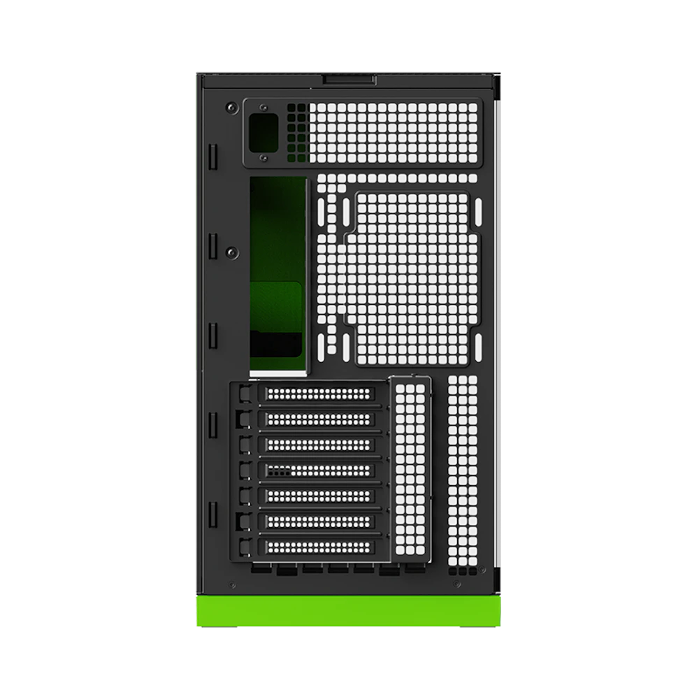 A large main feature product image of Geometric Future Model 5 - Mid Tower Glass Case (Black/Green)
