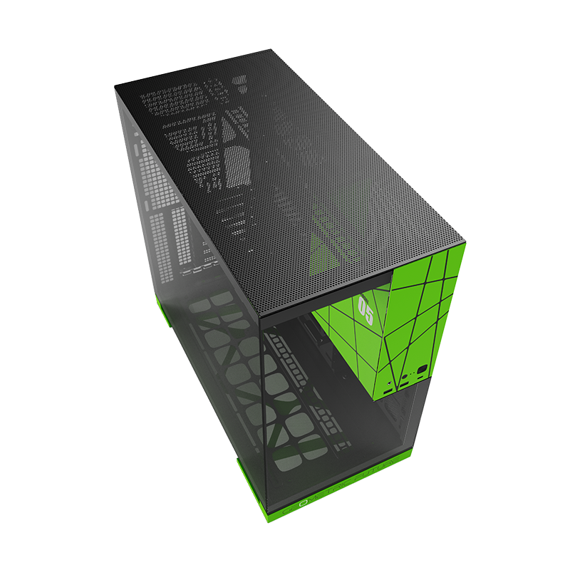A large main feature product image of Geometric Future Model 5 w/ Fans - Mid Tower Glass Case (Black/Green)