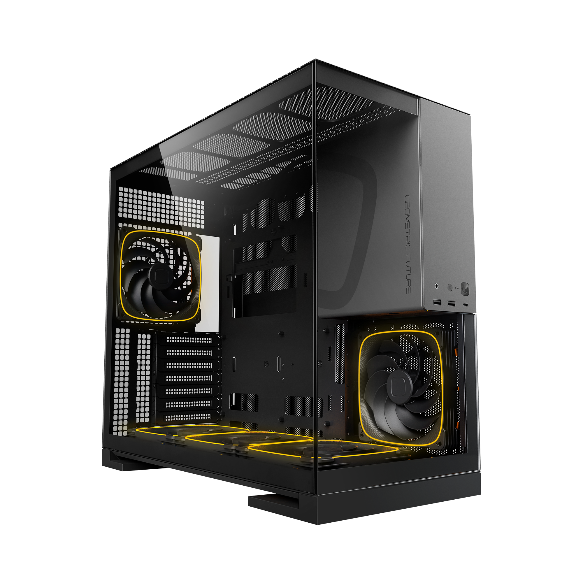 A large main feature product image of Geometric Future Model 5 w/ Fans - Mid Tower Glass Case (Black/Grey)