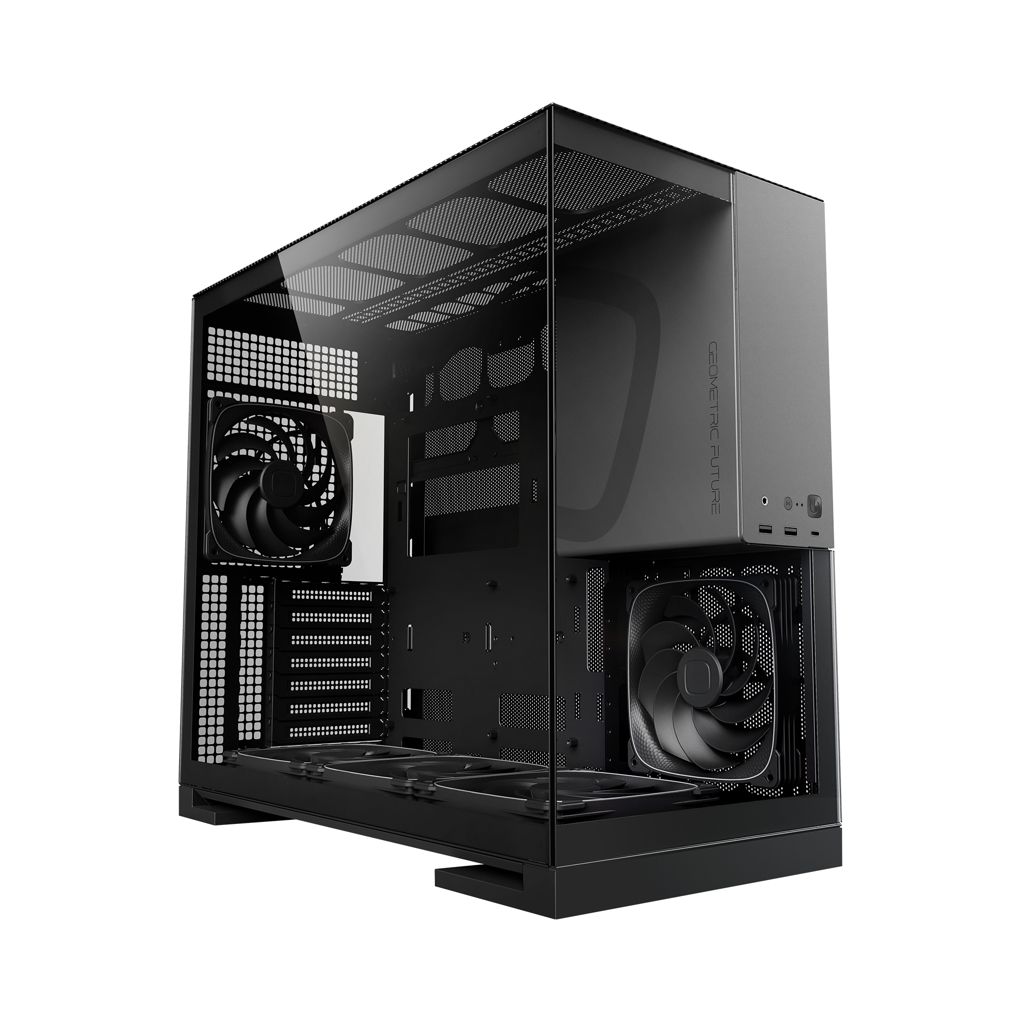 A large main feature product image of Geometric Future Model 5 w/ Fans - Mid Tower Glass Case (Black/Grey)