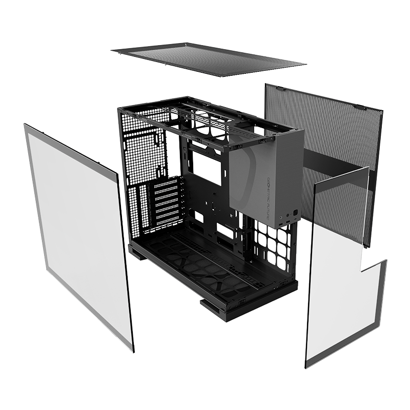 A large main feature product image of Geometric Future Model 5 w/ Fans - Mid Tower Glass Case (Black/Grey)