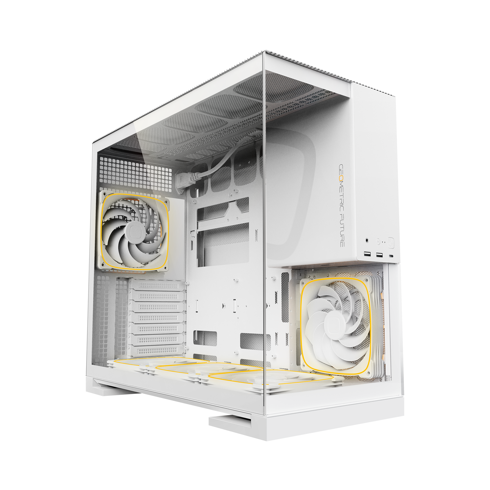 A large main feature product image of Geometric Future Model 5 w/ Fans - Mid Tower Glass Case (White)