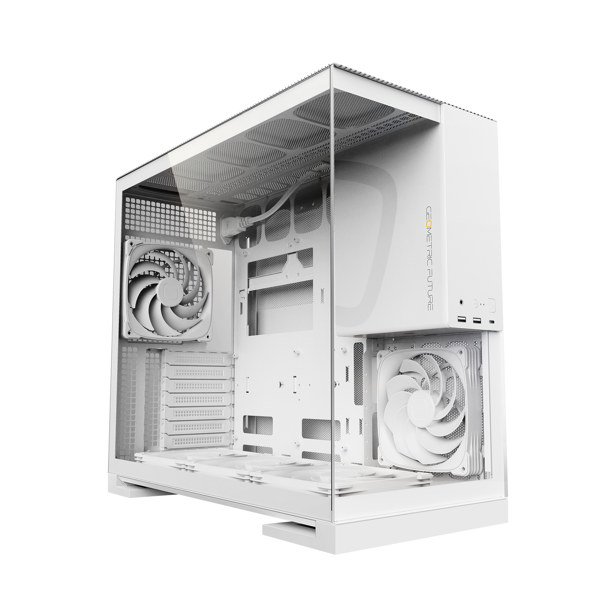 A large main feature product image of Geometric Future Model 5 w/ Fans - Mid Tower Glass Case (White)