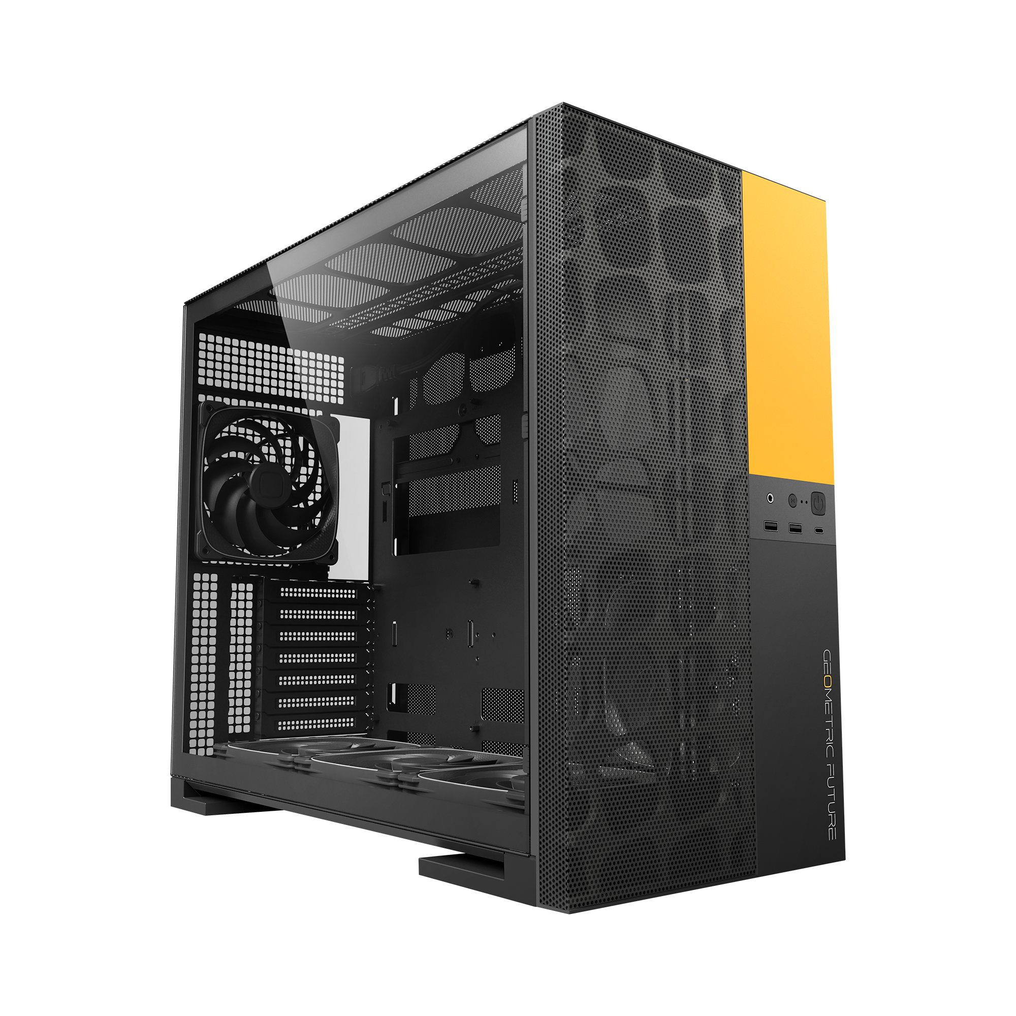 A large main feature product image of Geometric Future Model 5 Vent w/ Fans - Mid Tower Dual-Chamber Case (Black/Yellow)