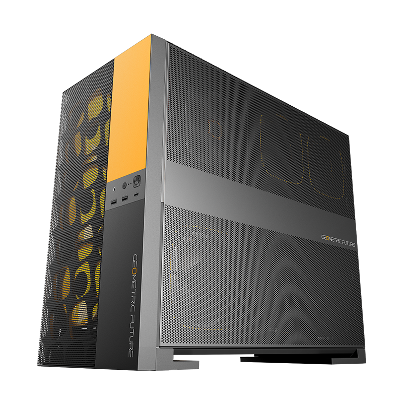 A large main feature product image of Geometric Future Model 5 Vent w/ Fans - Mid Tower Dual-Chamber Case (Black/Yellow)