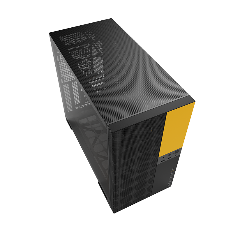 A large main feature product image of Geometric Future Model 5 Vent w/ Fans - Mid Tower Dual-Chamber Case (Black/Yellow)
