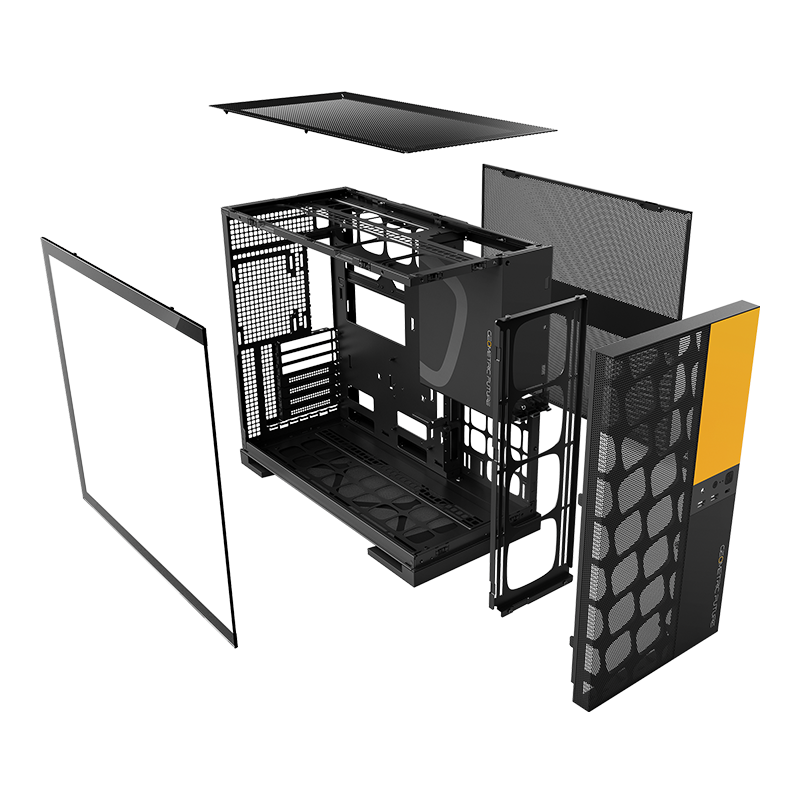 A large main feature product image of Geometric Future Model 5 Vent w/ Fans - Mid Tower Dual-Chamber Case (Black/Yellow)