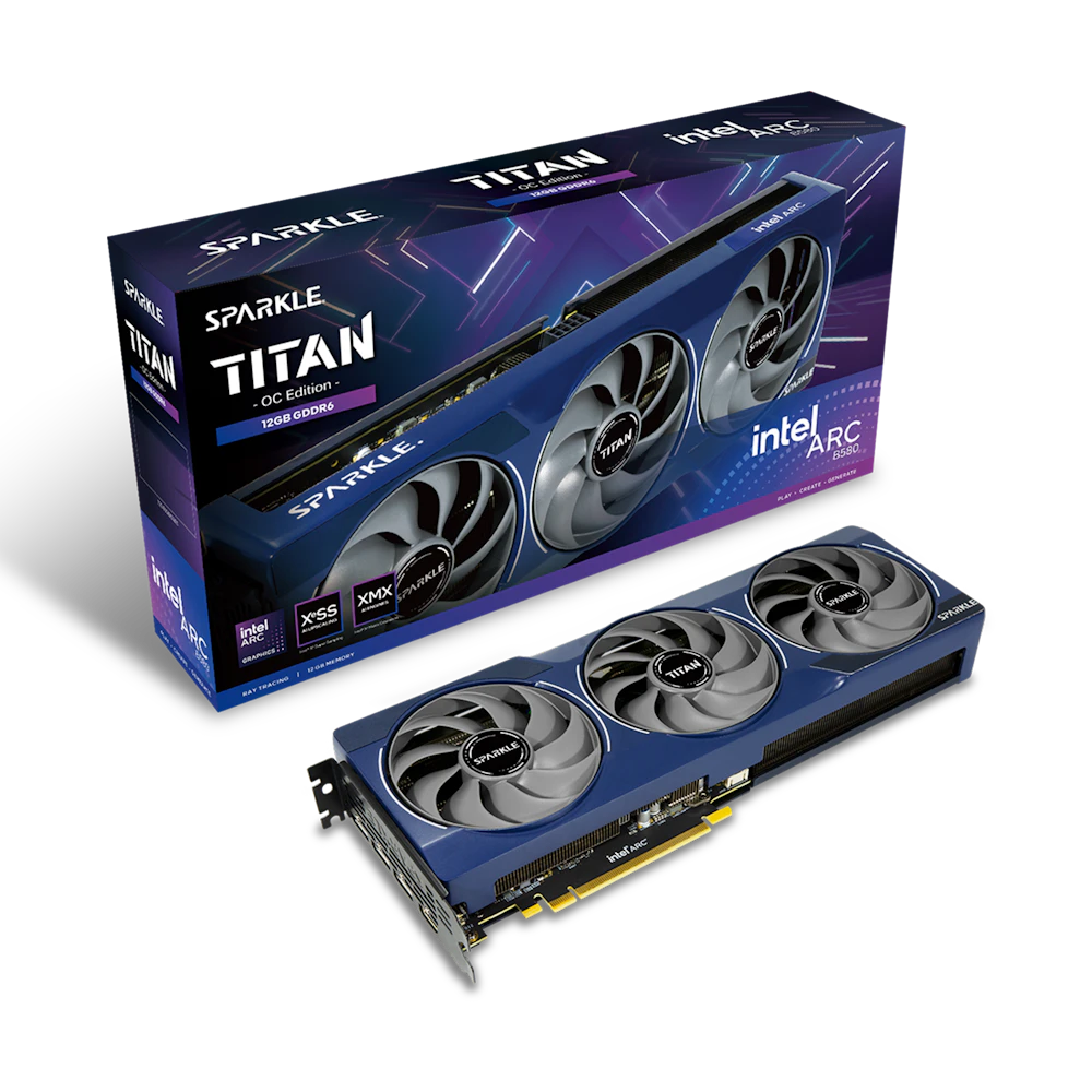 A large main feature product image of SPARKLE Intel Arc Battlemage B580 TITAN OC 12GB GDDR6