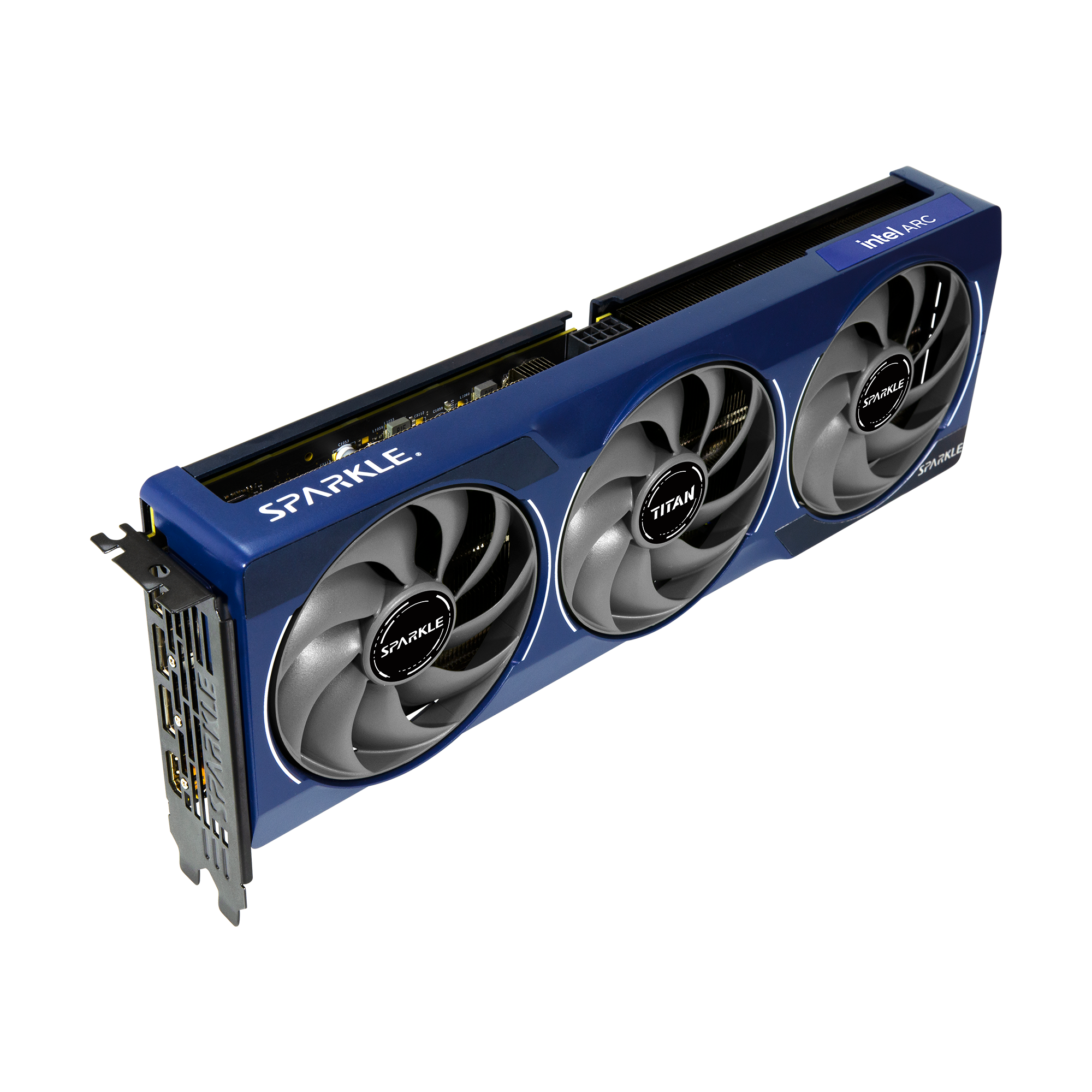 A large main feature product image of SPARKLE Intel Arc Battlemage B580 TITAN OC 12GB GDDR6