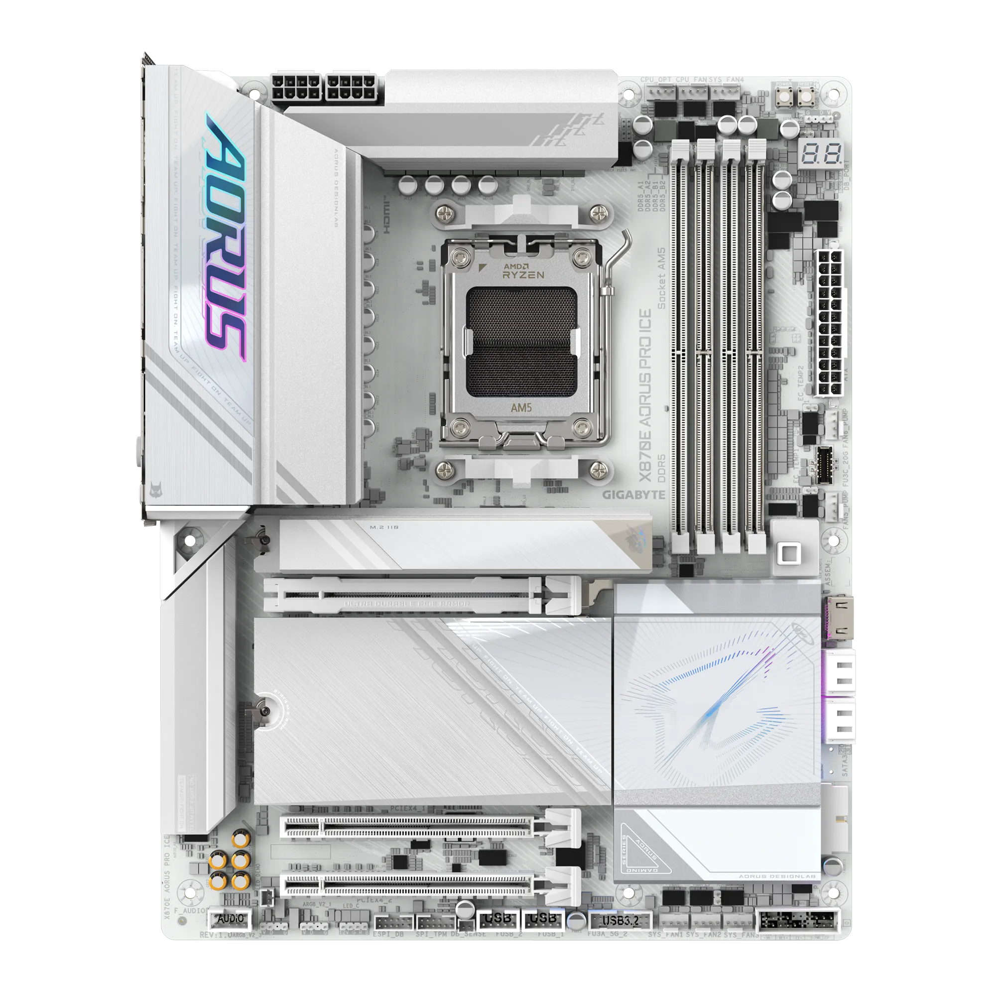 A large main feature product image of Gigabyte X870E AORUS PRO ICE AM5 ATX Desktop Motherboard